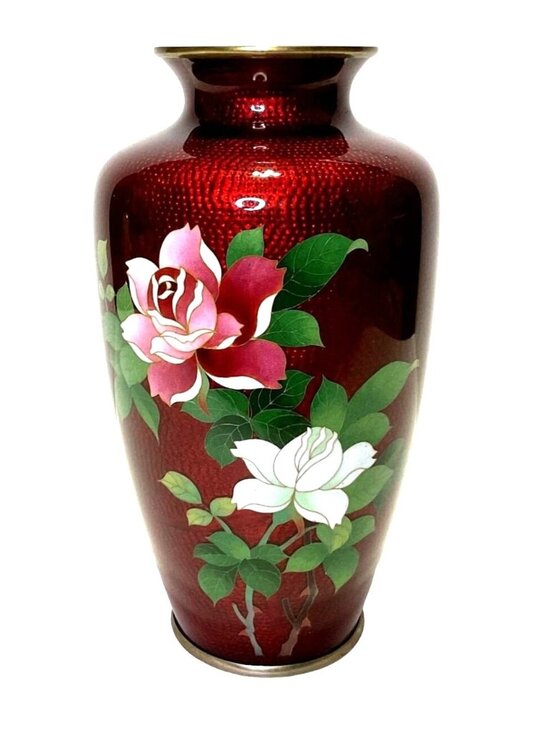 Japanese Sato Cloisonne Vase Other - Vtg Signed Sato Red Pigeon Blood Japanese Cloisonne Silver Vase 7.25" Tall